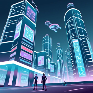 A sprawling futuristic cityscape at night filled with towering skyscrapers. The buildings are adorned with glowing neon lights in vibrant colors, illuminating the streets below. Holographic advertisements hover above the sidewalks, showcasing various products and services. High-tech vehicles zip through the air, while pedestrians wearing sleek, modern clothing navigate the bustling environment. A giant digital clock is visible on one of the buildings, displaying the current time in glowing digits. The sky is dotted with flying drones, contributing to the high-tech atmosphere of the scene.