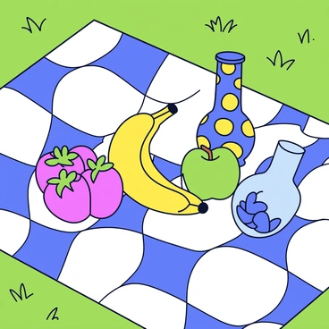 A checkered picnic blanket laid out on green grass. On the blanket, there is a variety of fresh fruits, including bright red strawberries, yellow bananas, and green apples, all arranged neatly. Next to the fruits, there is a colorful bong with intricate patterns and a smooth surface. The sun casts soft shadows across the blanket, enhancing the vibrant colors of the fruits and the bong.