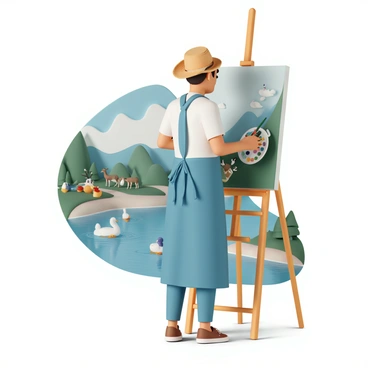 An artist, wearing a blue apron and a straw hat, is standing beside an easel, painting a vivid riverbank scene. The artist is holding a paintbrush in one hand and a palette in the other. In the background, a variety of wildlife can be seen: a pair of ducks swimming in the river, a family of deer grazing near the trees, and colorful birds perched on branches. The river flows gently, reflecting the colors of the sky and surrounding landscape. The artist is focused intently on their work, capturing the beauty of nature.