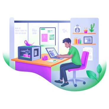 An entrepreneur is seated at a sleek wooden desk in a bright, creative workspace. The room is filled with innovative gadgets and tools, including a 3D printer, a tablet displaying design sketches, and colorful stationery scattered around. On the walls, inspiring quotes are framed, and there are plants that add a touch of greenery to the environment. The entrepreneur is focused on a laptop, typing ideas with determination. Sunlight streams in through large windows, illuminating the various tech gadgets neatly organized on shelves.