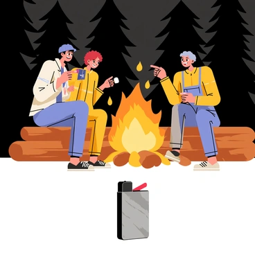 A small silver lighter with a textured surface is positioned in the foreground. In the background, there are three friends sitting on wooden logs, enjoying the warmth of a crackling campfire. The campfire has bright orange and yellow flames, casting a warm glow on their faces. One friend holds a marshmallow on a stick, while another is laughing, pointing at the fire. The third friend is leaning back, relaxed, with a smile as they all look at the fire. Surrounding them is a dark forest with silhouettes of trees, emphasizing the coziness of the campfire scene.