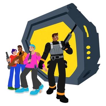 A brave mercenary with a determined expression is boarding an enemy spaceship alongside three members of their crew. Each crew member is holding a futuristic weapon, ready for action. The spaceship's entrance is illuminated by bright yellow lights, creating a stark contrast against the dark, metallic exterior of the ship. The mercenary is dressed in tactical armor, featuring various pouches and gadgets. The crew members have distinct outfits, showcasing their individual personalities. The atmosphere is tense, filled with anticipation and excitement as they prepare to enter the unknown.