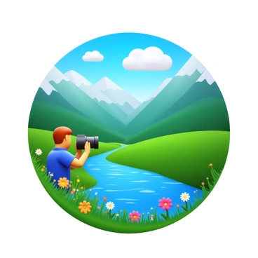A landscape photographer is positioned in a tranquil valley scene, holding a wide-angle lens. The valley is lush and green, surrounded by majestic mountains that rise in the background. Soft, fluffy clouds drift lazily across a bright blue sky. In the foreground, a gently flowing river reflects the sunlight, creating shimmering patterns on the water's surface. Wildflowers in various colors dot the landscape, adding vibrancy to the scene. The photographer is focused on capturing the beauty of the nature around them.