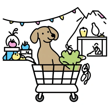A brown dackel, also known as a dachshund, is sitting comfortably in a shopping cart filled with fresh produce at a farmer's market. The cart contains vibrant green lettuce, bright red tomatoes, and yellow corn. Surrounding the cart are wooden tables displaying various fruits and vegetables. In the background, colorful banners flutter gently in the breeze, and people are browsing the market stalls filled with fresh goods. The dackel looks content, with its ears perked up and a curious expression as it observes the bustling market atmosphere.