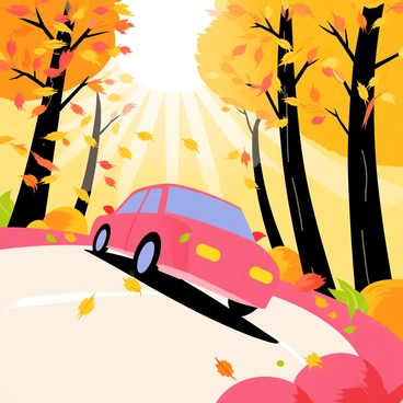 An express car darting through a dense forest with autumn leaves flying around