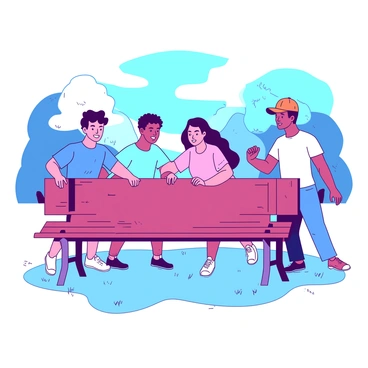 A group of friends working together to push a heavy park bench into place.