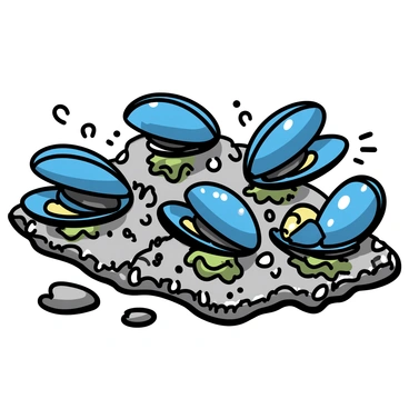 A close-up view of several mussels, their dark blue and black shells glistening under the light, tightly clinging to rough, textured rocks. The mussels showcase their irregular shapes and sizes, some partially open. Surrounding them are small patches of green algae and tiny barnacles, emphasizing the natural environment. Water droplets can be seen on the shells, indicating the tidal pool setting, while the rock surface appears wet and uneven.