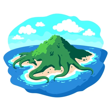 A bird's eye view of an island shaped like a kraken is presented. The island's coastline mimics the tentacles of a kraken, extending outwards into the surrounding turquoise waters. Lush green vegetation covers the body of the kraken, while sandy beaches form the edges of its tentacles. In the background, a vibrant blue sky contrasts with fluffy white clouds scattered above. The ocean waves gently lap at the shores of the island, creating a picturesque scene that captures the unique shape and features of the kraken-inspired island.