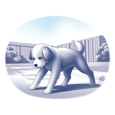 A small dog with a fluffy coat is performing a stretch, resembling the thread-the-needle pose. The dog's body is angled as it reaches forward with its front paws while keeping its back legs straight. The scene is set in a backyard, featuring neatly trimmed grass and a few scattered toys. There is a clear blue sky above, casting sunlight that illuminates the dog's fur, creating a lively and cheerful atmosphere. The dog has an expression of focus and determination as it stretches.