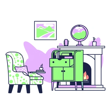 A cozy indoor scene featuring a secretaire placed next to a crackling fireplace. The secretaire has ornate detailing, with an open top revealing neatly arranged stationery items. Next to the fireplace, there is a comfortable armchair with a patterned cushion. A small wooden table holds a steaming cup and a book lying open. The light from the fireplace casts warm shadows, illuminating the surrounding area. On the wall above the fireplace, there is a framed painting depicting a countryside landscape.