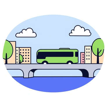 An electric bus is driving across a grand city bridge. The bridge has multiple arches and a light gray color, extending over a wide blue river below. On either side of the bridge, there are green trees and buildings in various shades of beige and brown, representing the cityscape. The sky is clear with a few fluffy white clouds. The bus has a sleek design and is painted in bright green, showcasing its electric nature.