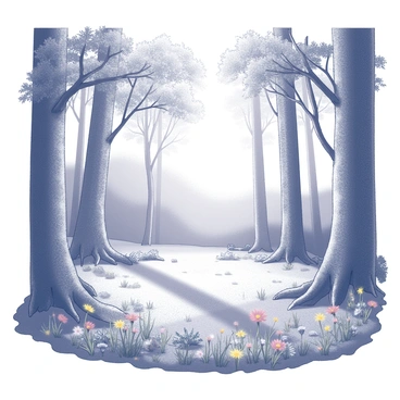 A forest glade surrounded by tall trees with thick trunks and lush foliage. Soft beams of sunlight filter through the leaves, creating dappled patterns on the ground. Scattered throughout the glade are various wildflowers, with distinct shapes and sizes, growing amidst patches of grass and soil. The scene is tranquil, inviting a sense of calm and connection to nature.