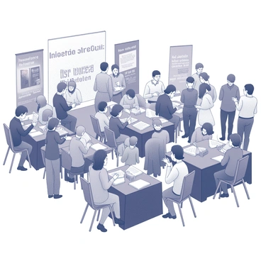 A large event space filled with a diverse crowd attending a literature festival. Tables are set up where several authors are seated, each signing books for eager fans. Some authors are engaged in conversations with attendees, while others are focused on their writing. In the background, a small stage is visible where an author is giving a talk, speaking to an audience sitting on folding chairs. Banners and posters featuring book covers and the festival's name adorn the walls, creating an atmosphere of literary celebration.