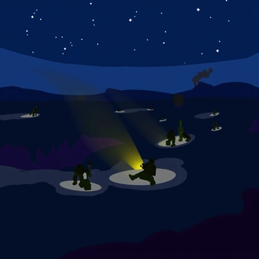 A dark battlefield at night, with patches of uneven terrain scattered throughout. The sky is filled with bright stars, creating a twinkling backdrop. Flares illuminate the scene, casting sharp shadows and bright patches of light across the ground. Soldiers in tactical gear are positioned strategically, some crouching behind barricades, while others are on the move. In the background, silhouettes of distant hills can be seen, further enhancing the sense of depth in the image. Smoke rises from various areas, adding to the atmosphere of tension and urgency.