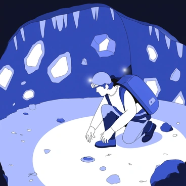 An explorer is navigating through a cave. The explorer is equipped with a headlamp, illuminating the surroundings. Various magnetic rocks and minerals are embedded in the cave walls, emitting a soft glow in the dark. The rocks vary in shapes and sizes, some jagged and others smooth. The cave floor is uneven with scattered pebbles and small boulders. Stalactites hang from the ceiling, adding texture to the scene. The explorer's backpack is slung over one shoulder, and he is crouching down to examine a particularly bright mineral close to the ground. The atmosphere conveys a sense of discovery and wonder.