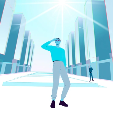 A person with medium skin tone, wearing a bright blue shirt and light gray pants, is standing in a vast, empty plaza. They are shielding their eyes from the bright sunlight coming from the expansive sky above. The plaza is lined with sleek, futuristic buildings in the background, their glass facades reflecting the sunlight. The ground is made of smooth, polished concrete, and there are no other people or objects in sight, emphasizing the emptiness of the space. The person is looking upward, with a contemplative expression on their face.