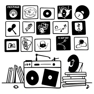 A record store wall showcasing illustrated album covers from various artists