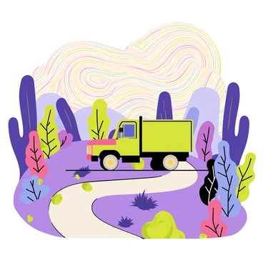 A truck driving on a winding path through a strange, alien landscape. The truck has a rugged design with visible wheel treads and headlights illuminating the surroundings. Colorful, otherworldly plants in bright shades of purple, blue, and green are scattered throughout the landscape, with some plants featuring oversized leaves and unusual shapes. The ground is uneven, dotted with strange rock formations, and a vibrant sky filled with swirling clouds in diverse colors hovers above.
