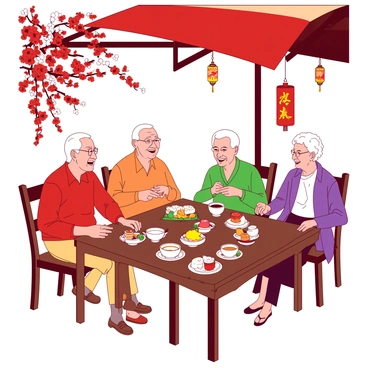 Elderly people enjoying tea together, sharing stories and laughter during Tet.