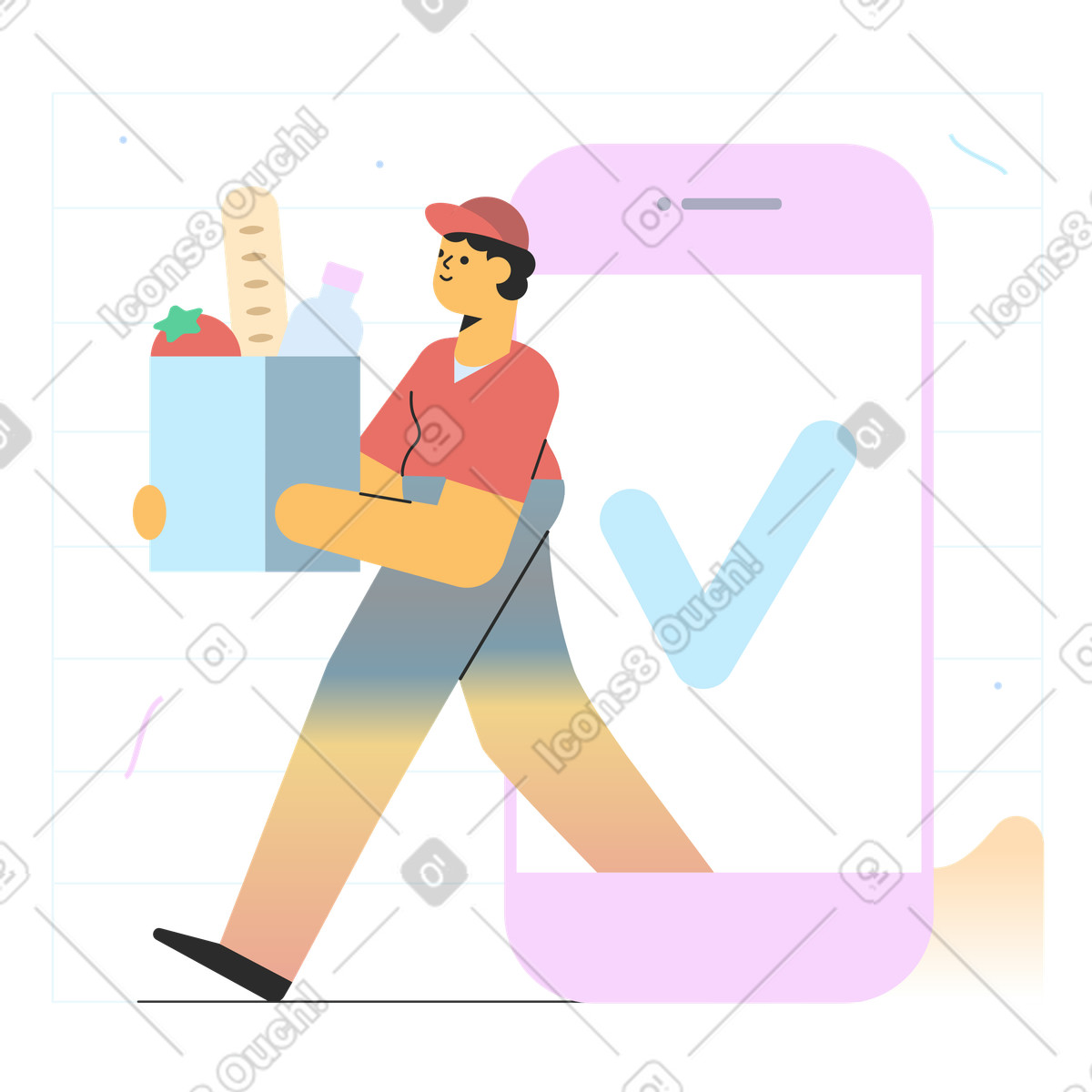 Ilustración Repartidor procedente de tienda online en un teléfono con productos estilo Marginalia a descargar PNG y SVG