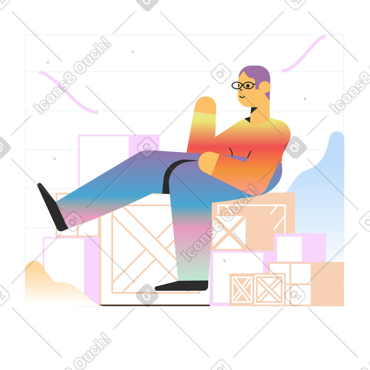 Marginalia スタイルの 配送用の箱の上に座っている眼鏡をかけた男性 のイラストをPNG、SVG形式でダウンロード