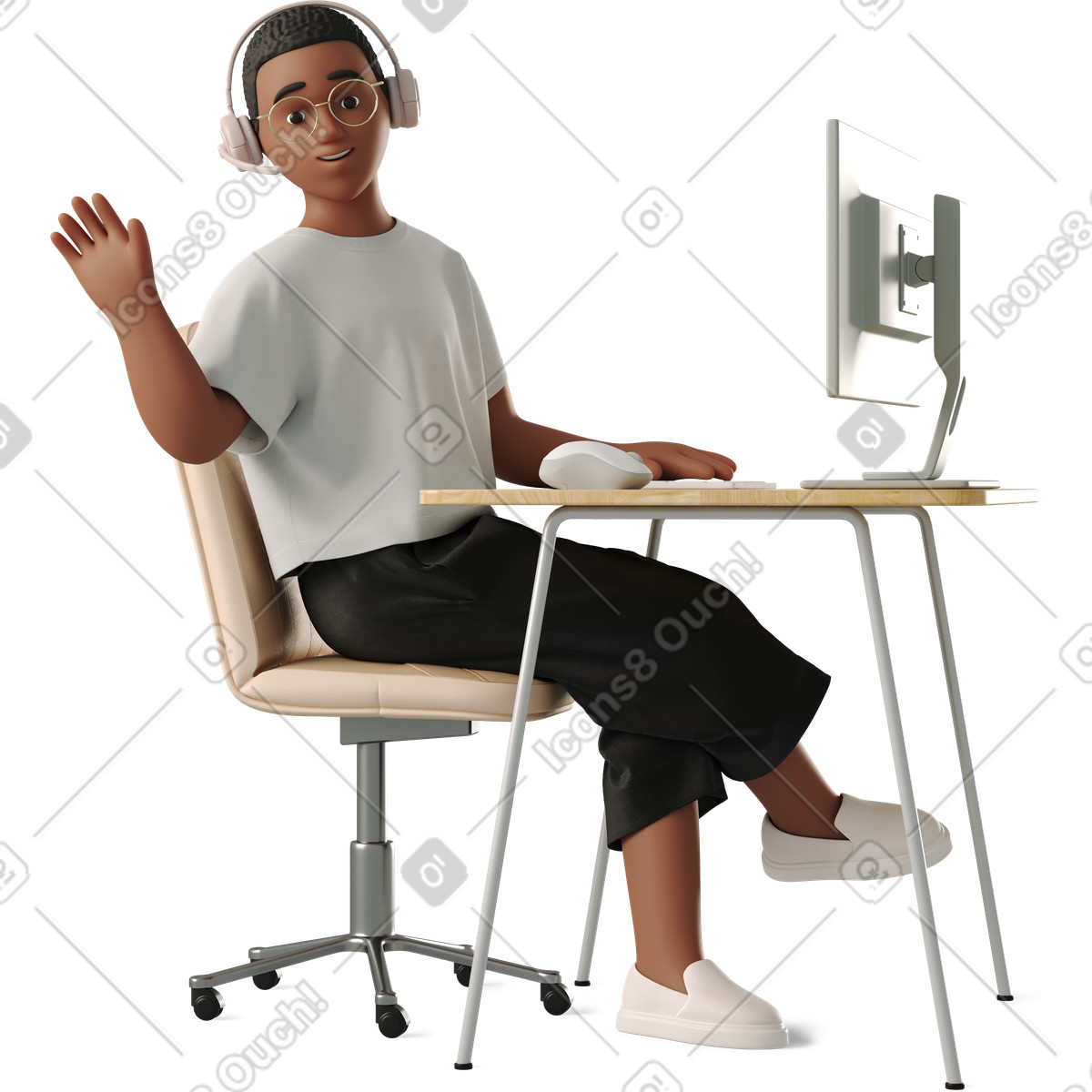 3D Business 스타일의 Young woman waving her hand while sitting at the computer 일러스트레이션 PNG, SVG 다운로드