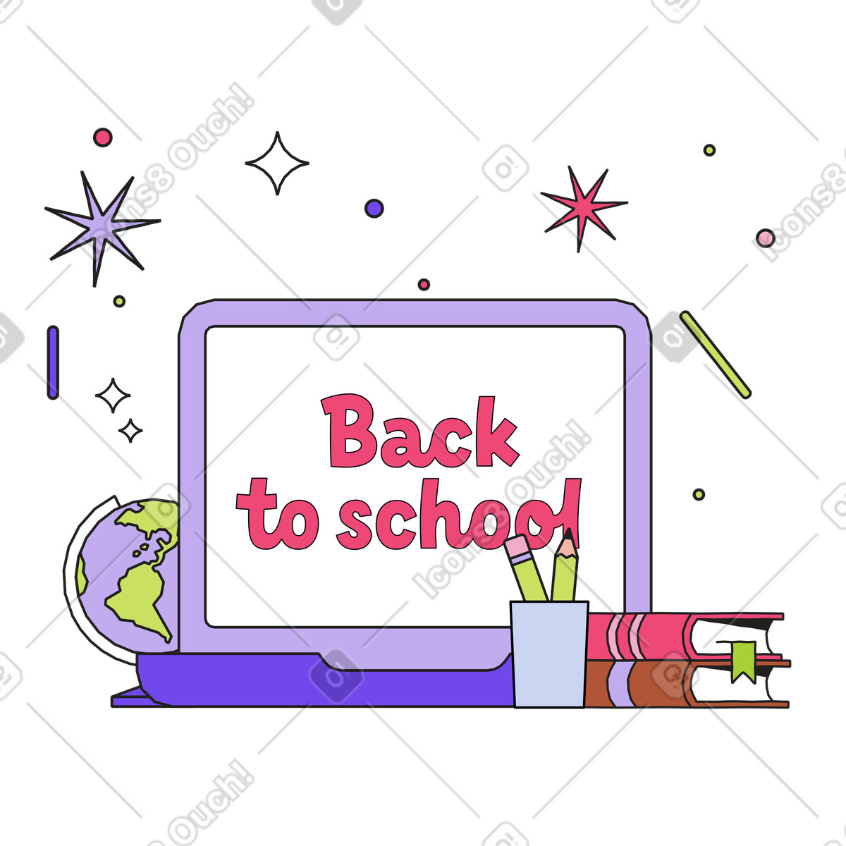 Education supplies and laptop with Back to school text, Study setup and e-learning illustration in Dazzle style download in PNG, SVG