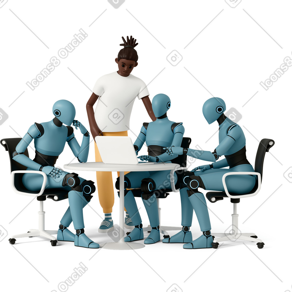 Teamwork session with AI robots and coworker around table illustration in 3D Casual life style download in PNG, SVG
