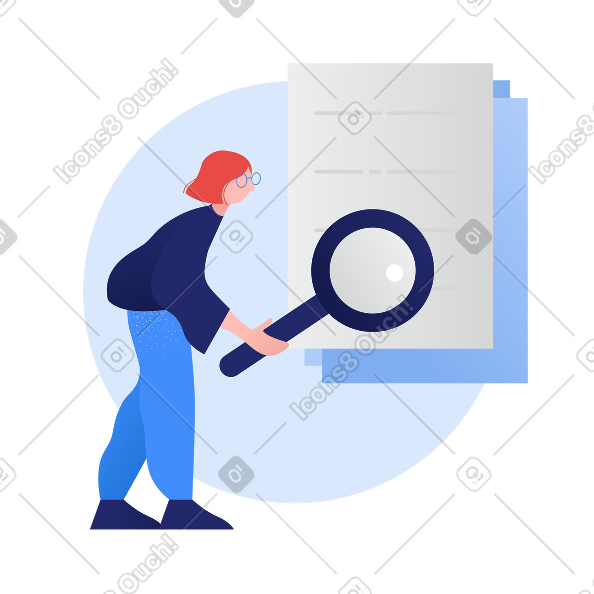 Illustration Femme avec une loupe recherchant dans un document le style Clip à télécharger aux formats PNG, SVG