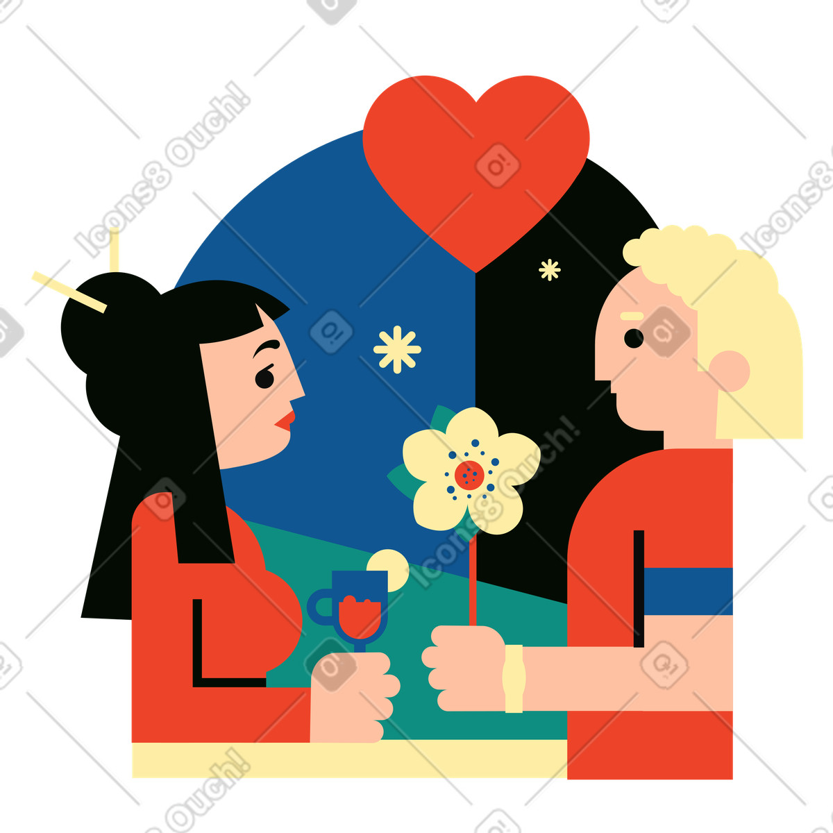 Couple sharing drinks at table, Romantic date night illustration in Polar style download in PNG, SVG