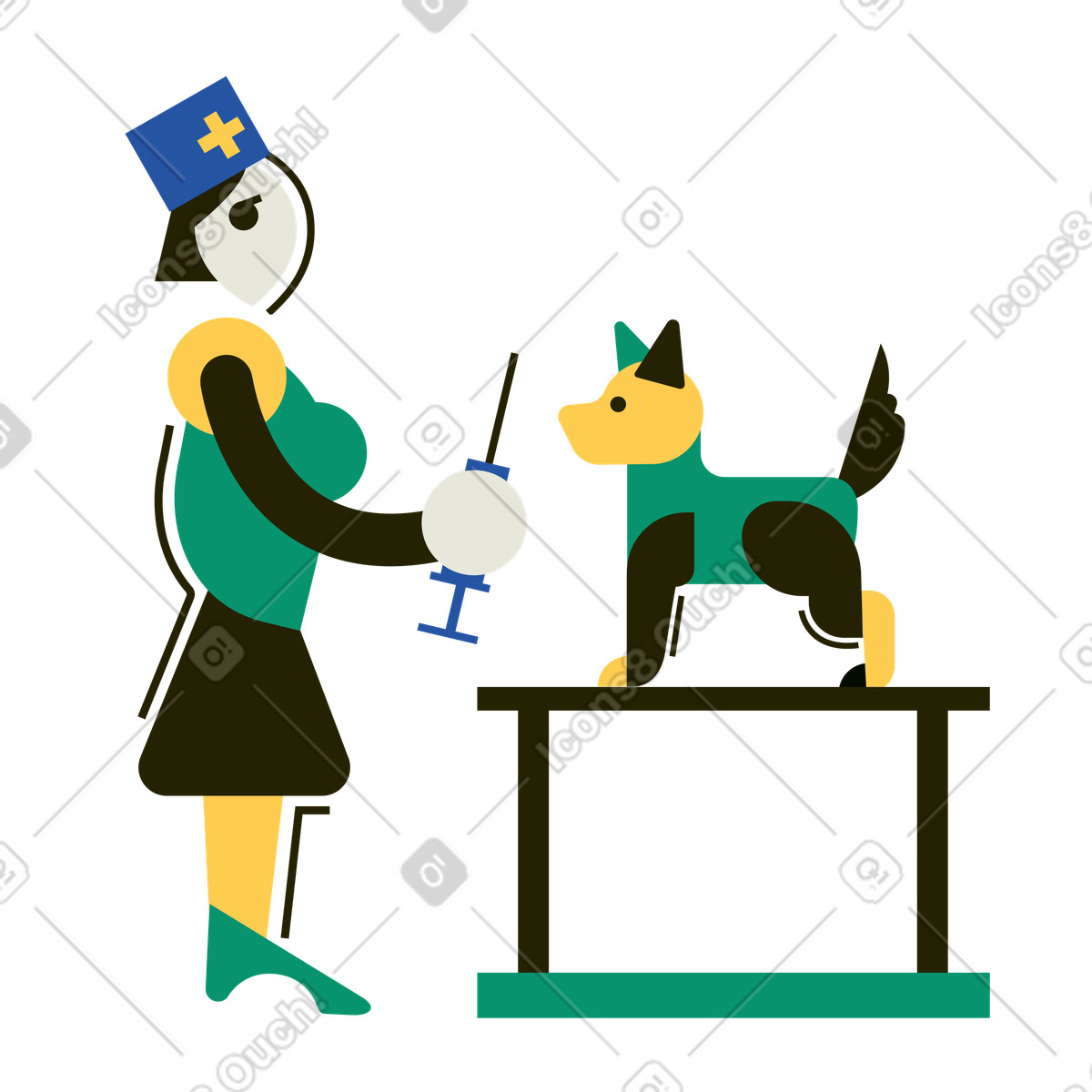Illustration Le vétérinaire est sur point de faire une injection au chien dans style Spot à télécharger aux formats PNG, SVG