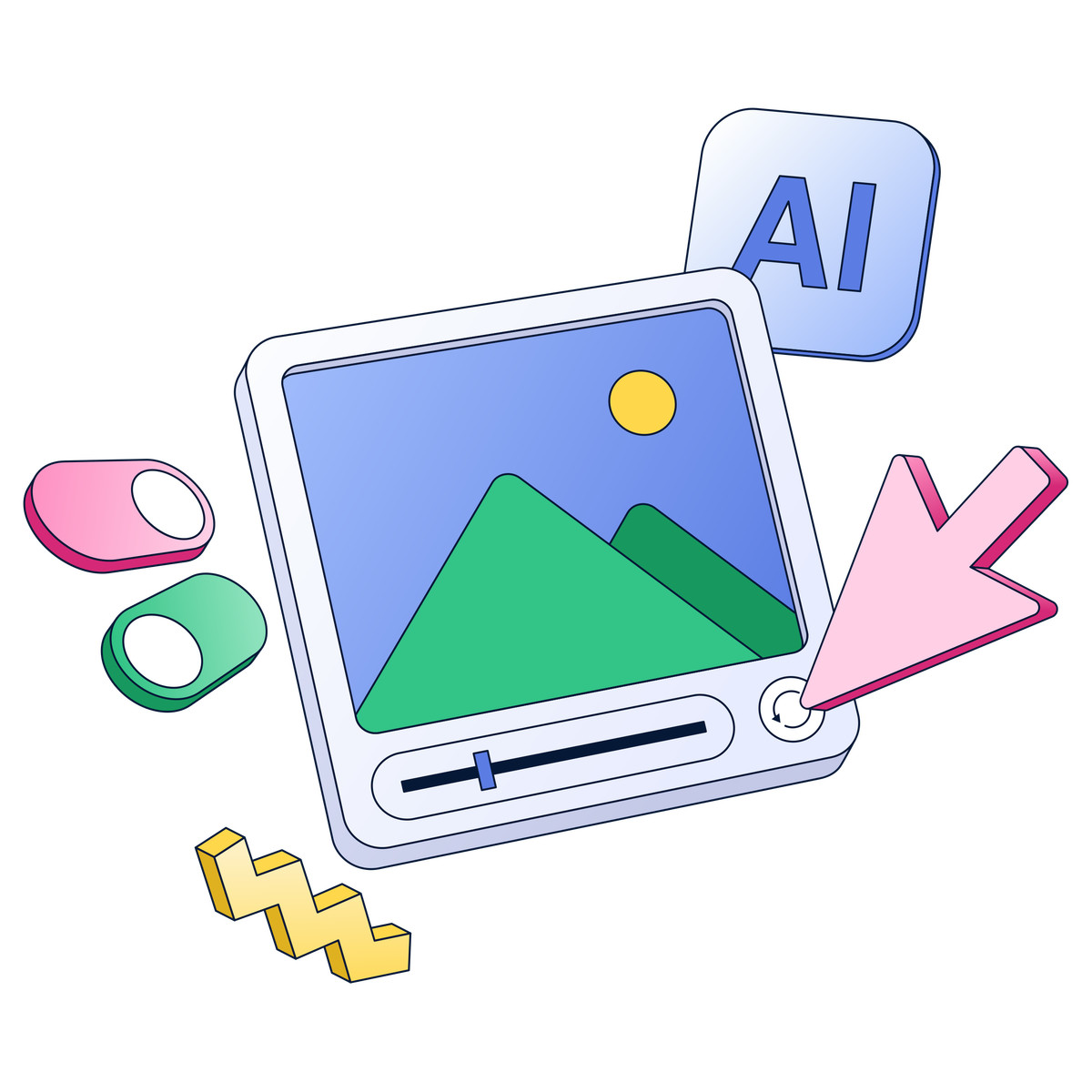 Neat スタイルの AI visual content creation dashboard with thumbnail and controls のイラストをPNG、SVG形式でダウンロード