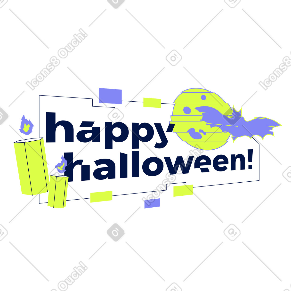Happy Halloween sign with candles, bat and moon, Festive holiday banner-Illustration im Glow-Stil als Download in PNG, SVG