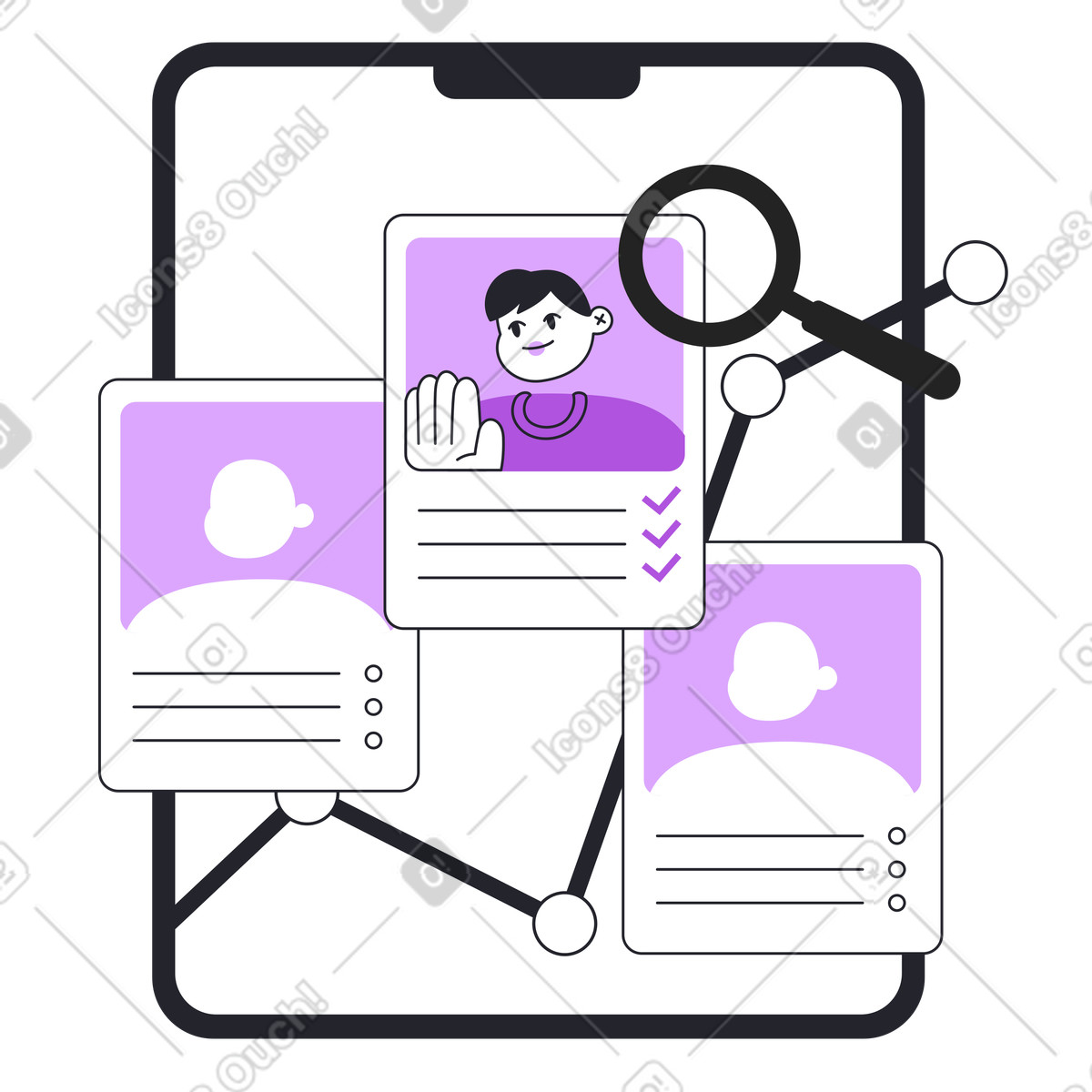Magnifying glass over digital resumes, Talent acquisition or HR analytics illustration in Grapy style download in PNG, SVG