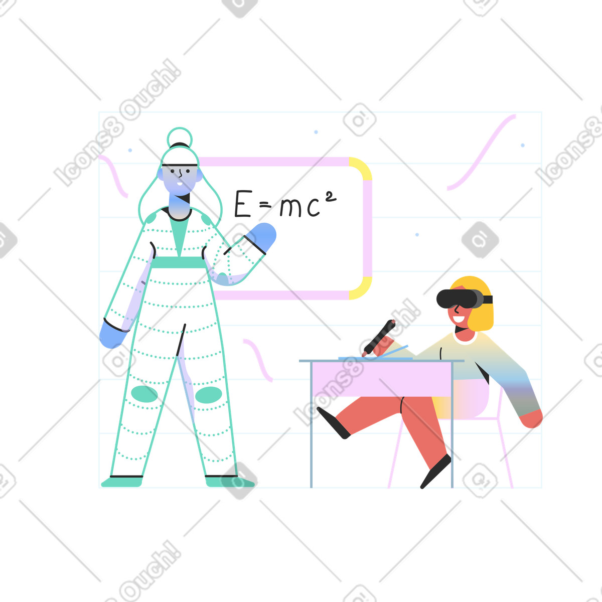 Illustration Un robot enseigne à enfant avec des lunettes de réalité virtuelle dans le style Marginalia télécharger aux formats PNG, SVG
