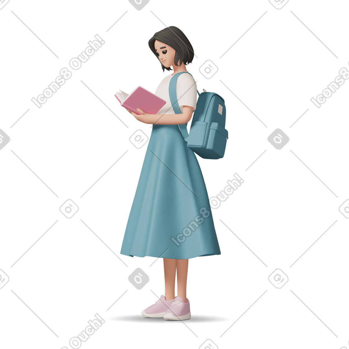 Woman with backpack reading book-Illustration im 3D Casual life-Stil als Download in PNG, SVG