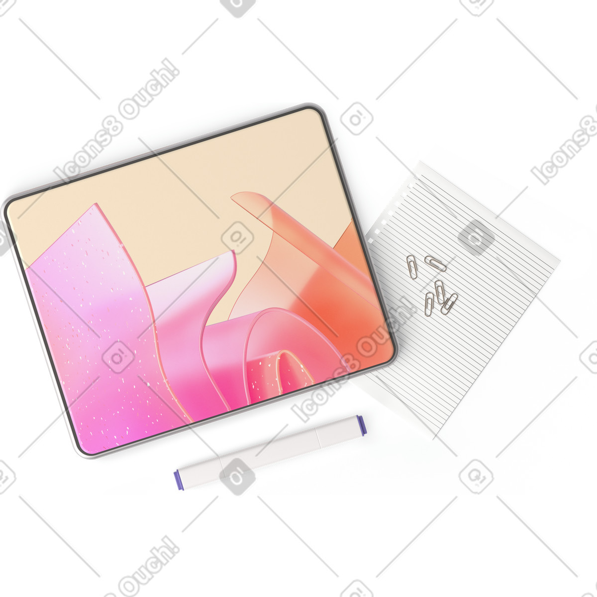 Top view of tablet, sheet of paper, marker, and some paper clips illustration in PNG, SVG