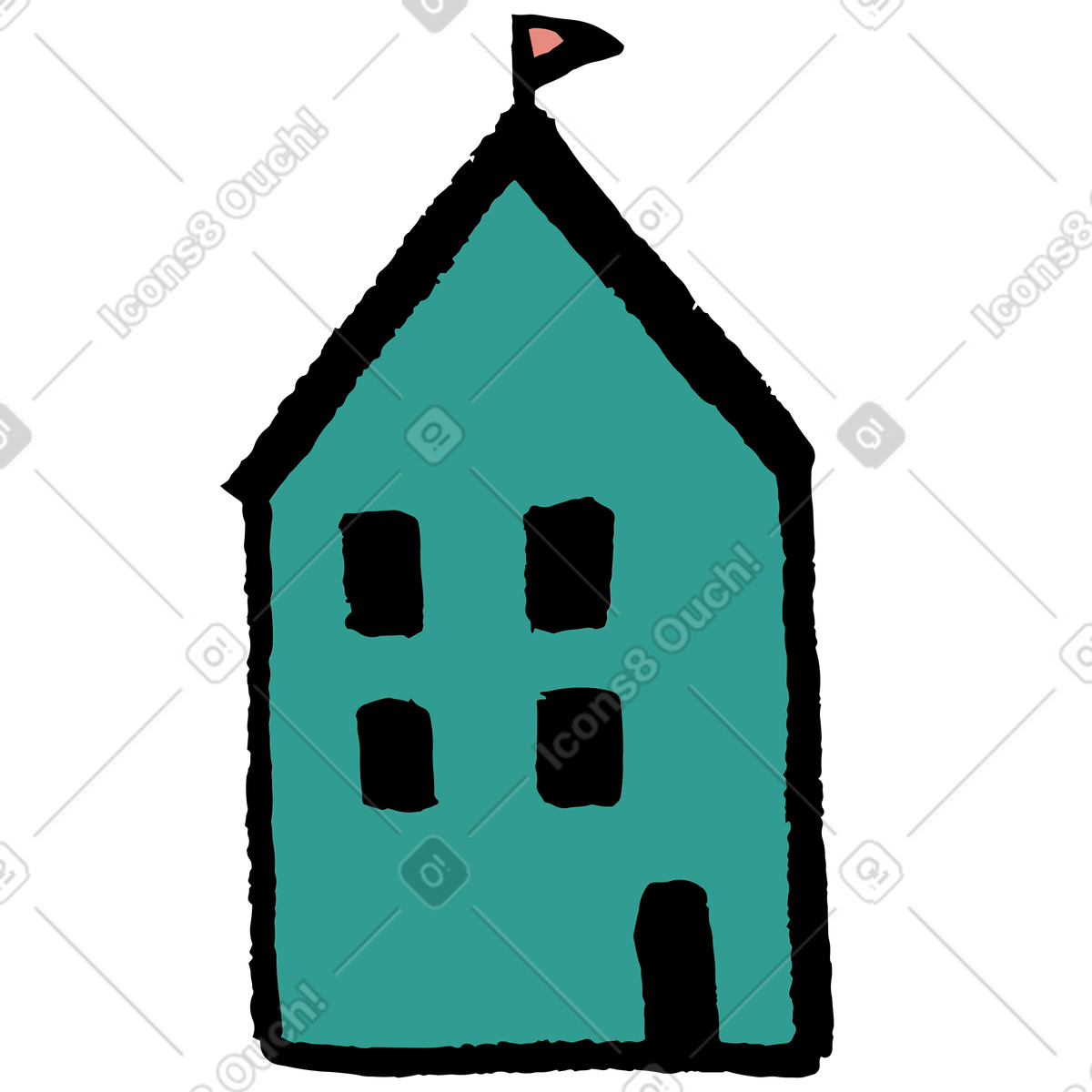 Blue house with flag on top illustration in Scandi style download in PNG, SVG
