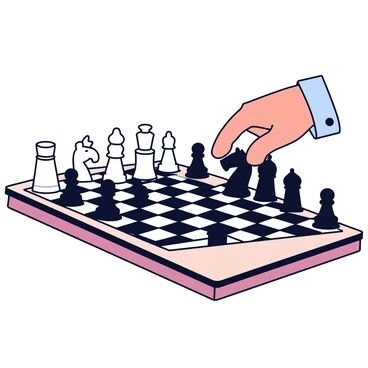 A chessboard set on a wooden table with pieces arranged for a game in progress. The chess pieces are made of polished black and white wood, with the kings and queens slightly taller than the other pieces. A hand is poised over a knight, contemplating the next move. The background features a soft blur, emphasizing the focus on the chessboard and pieces. The light source creates gentle shadows across the table, highlighting the glossy finish of the pieces.