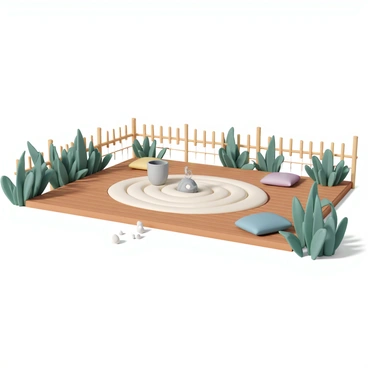 A patio with wooden flooring, surrounded by lush green plants and a low wooden fence. In the center, there is a Zen garden composed of light-colored sand arranged in smooth, curved patterns. Several medium-sized stones are strategically placed within the sand. To one side, a small stone lantern emits a soft glow, creating a tranquil ambiance. A bamboo fountain softly trickles water, enhancing the calming atmosphere of the space. There are a few comfortable cushions on the patio floor, inviting relaxation and meditation.