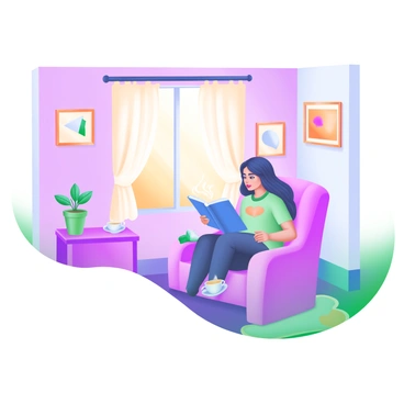 A cozy home interior featuring a living room with soft, pastel-colored walls. In the center, a parolee is sitting comfortably on a plush armchair, reading a book with an engaged expression. The room is filled with warm sunlight streaming through a window adorned with light curtains. Nearby, a small side table holds a steaming cup of tea and a small potted plant. On the walls, there are framed photographs and simple art pieces that convey a sense of warmth and new beginnings. A soft rug lies on the floor, adding to the cozy atmosphere of the space.
