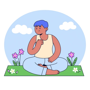 A person practicing yoga in a relaxed posture, seated on a green yoga mat. The individual has a graceful neck, with their head tilted slightly back. They are wearing a simple, light-colored tank top and loose-fitting pants. The outdoor setting features a clear blue sky and a few scattered fluffy white clouds. Soft grass and a few wildflowers surround them, creating a peaceful environment. The person’s eyes are closed, and their hands rest gently on their knees.