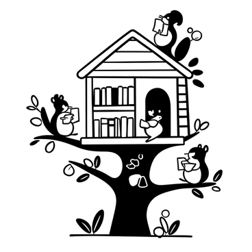 Squirrels sitting on various branches of a treehouse, each engrossed in a different book. Tiny shelves are attached to the walls of the treehouse, filled with miniature books of various sizes. One squirrel is holding an open book while another is perched on a shelf, flipping through the pages. Several acorns are scattered around, adding to the cozy atmosphere. The structure of the treehouse is made of wooden planks, with a ladder leading up to it. Branches stretch out around the library, and leaves provide a natural canopy overhead.