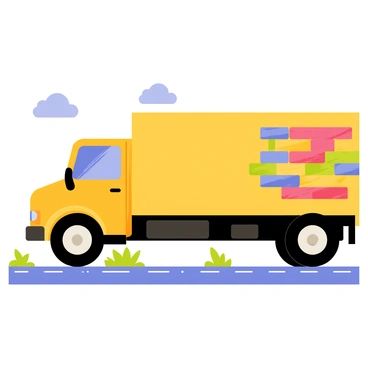 A large truck with a bright yellow body is parked on a city street. The side panel of the truck features a colorful mosaic design of bricks, showcasing a variety of shades including red, blue, green, and orange. Each brick in the mosaic is detailed with textured surfaces to give a three-dimensional appearance. The truck has large black wheels and a silver grille, and there are grassy patches along the sidewalk nearby. The sky is clear with a few fluffy clouds, adding to the vibrant atmosphere of the scene.