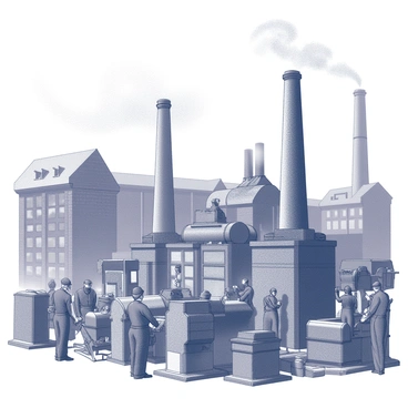 A crowded factory interior filled with workers engaged in various tasks. Large smokestacks rise from the building, billowing dense clouds of smoke into the air. The workers, dressed in period-appropriate clothing, operate machinery that is heavy and industrial in nature. In the background, the exterior of the factory is visible, showcasing brick walls and a chimney spewing smoke. There are visible signs of pollution, with darkened machinery and soot-covered surfaces. The atmosphere is busy and chaotic, emphasizing the industrious nature of the era.