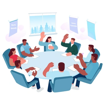 A community center filled with residents sitting in a circle. Each person is engaged in the discussion, with some holding notepads and pens, while others have their hands raised to share their thoughts. In the background, there are banners hanging on the walls with community messages. A large round table is in the center, adorned with cups of coffee and plates of snacks. Bright lights illuminate the room, creating a vibrant atmosphere. A window reveals a glimpse of trees outside, adding to the welcoming environment.