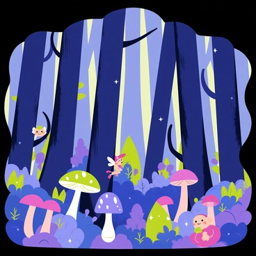 A vibrant forest scene with an array of glowing plants in hues of blue, purple, and green. Tall, slender trees with twisting trunks create a canopy overhead, letting soft light filter through. Whimsical creatures, such as small fairies with shimmering wings and chubby little gnomes, peek from behind the thick trunks of the trees. A gentle glow emanates from the ground, illuminating mushrooms of various shapes and sizes. The entire setting exudes an enchanting atmosphere filled with curiosity and wonder.