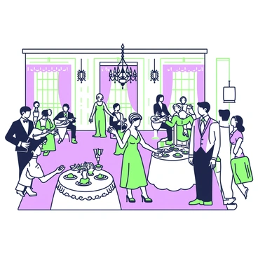 A lavish party is taking place in a grand mansion. The interior features opulent chandeliers hanging from the ceiling. Guests are mingling throughout the room, dressed in elegant attire. A man in a tailored suit is conversing with a woman in an exquisite gown, adorned with intricate details. Tables are set with fine china and sparkling glassware, showcasing an array of gourmet dishes and drinks. In one corner, a string quartet is performing, while in another, a large floral arrangement adds a touch of sophistication. The atmosphere is lively with guests enjoying the festivities.