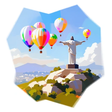 A cluster of colorful hot air balloons is floating gracefully in the sky near "Christ the Redeemer," the iconic statue overlooking the city. The balloons vary in colors and patterns, creating a vibrant scene against the bright blue sky. Below, the lush green landscape of the mountains complements the colorful sight above. Wisps of white clouds drift lazily by, adding to the serene atmosphere of a sunny day. The statue stands tall and majestic in the background, its details sharply defined in the clear daylight.