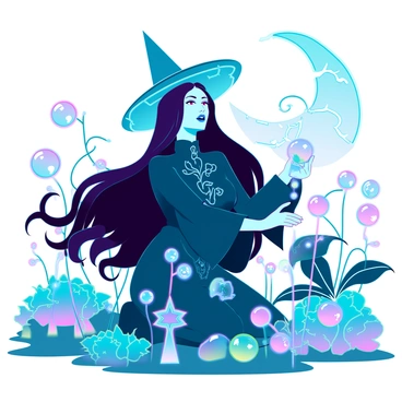 A witch with long, flowing black hair and a pointed hat is kneeling in a vibrant garden filled with luminescent plants. She is wearing a dark robe adorned with silver patterns that shimmer in the moonlight. The crescent moon illuminates the scene, casting a cool glow over the garden. The witch is carefully picking glowing, magical fruits that emit soft colors, with some fruits resembling crystal orbs and others shaped like stars. Surrounding her are swirling, glowing orbs of energy that suggest the presence of enchantment. The air is filled with a misty aura, enhancing the mystical atmosphere of the night.